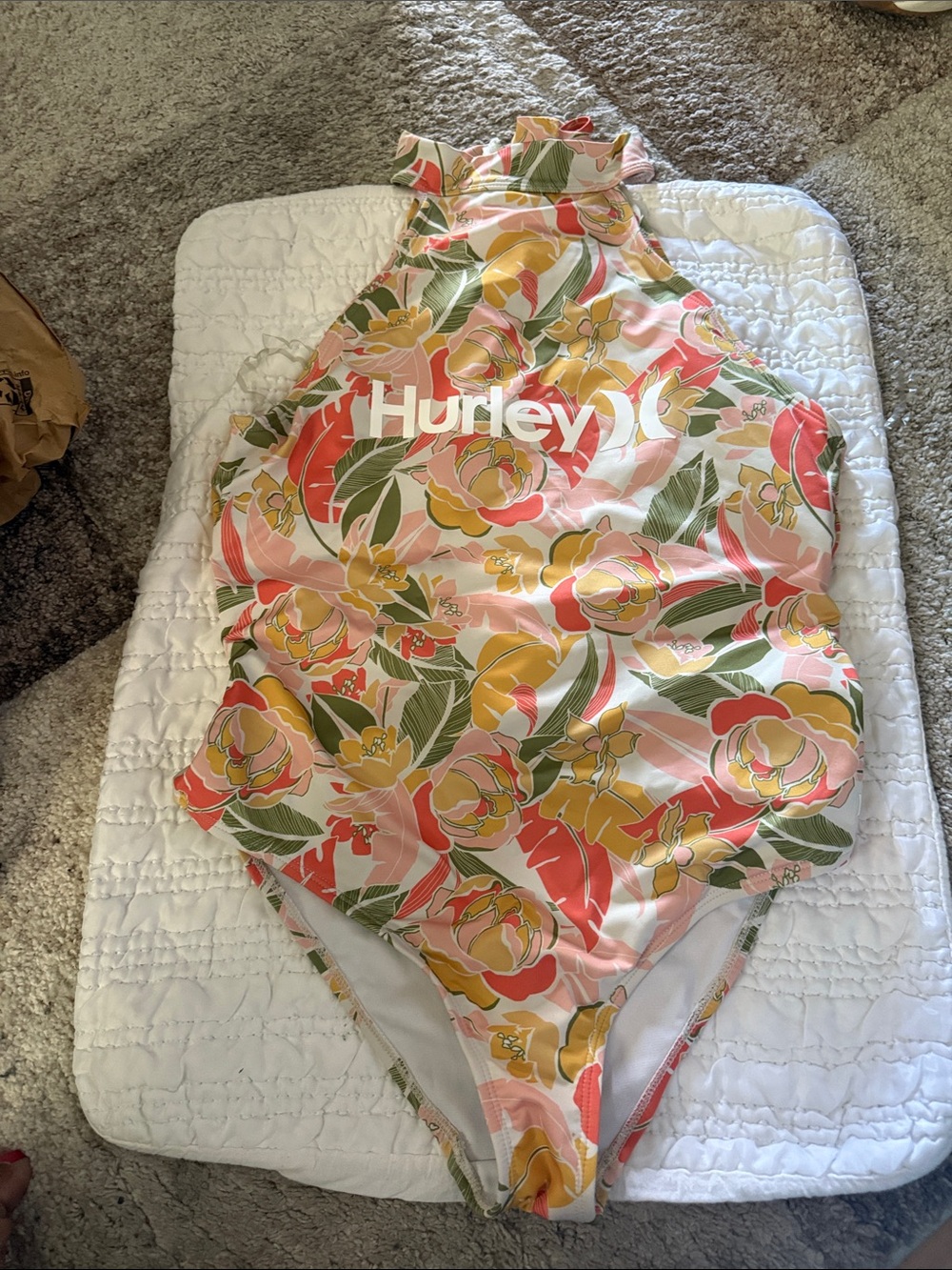 Hurley Pink Yellow & Green Floral High-Neck One-Piece Swimsuit
